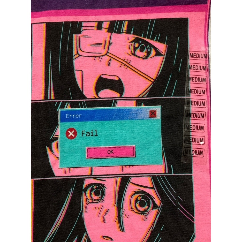 Anime Graphic T Shirt Womens Medium White Pink Manga Error Fail Aesthetic